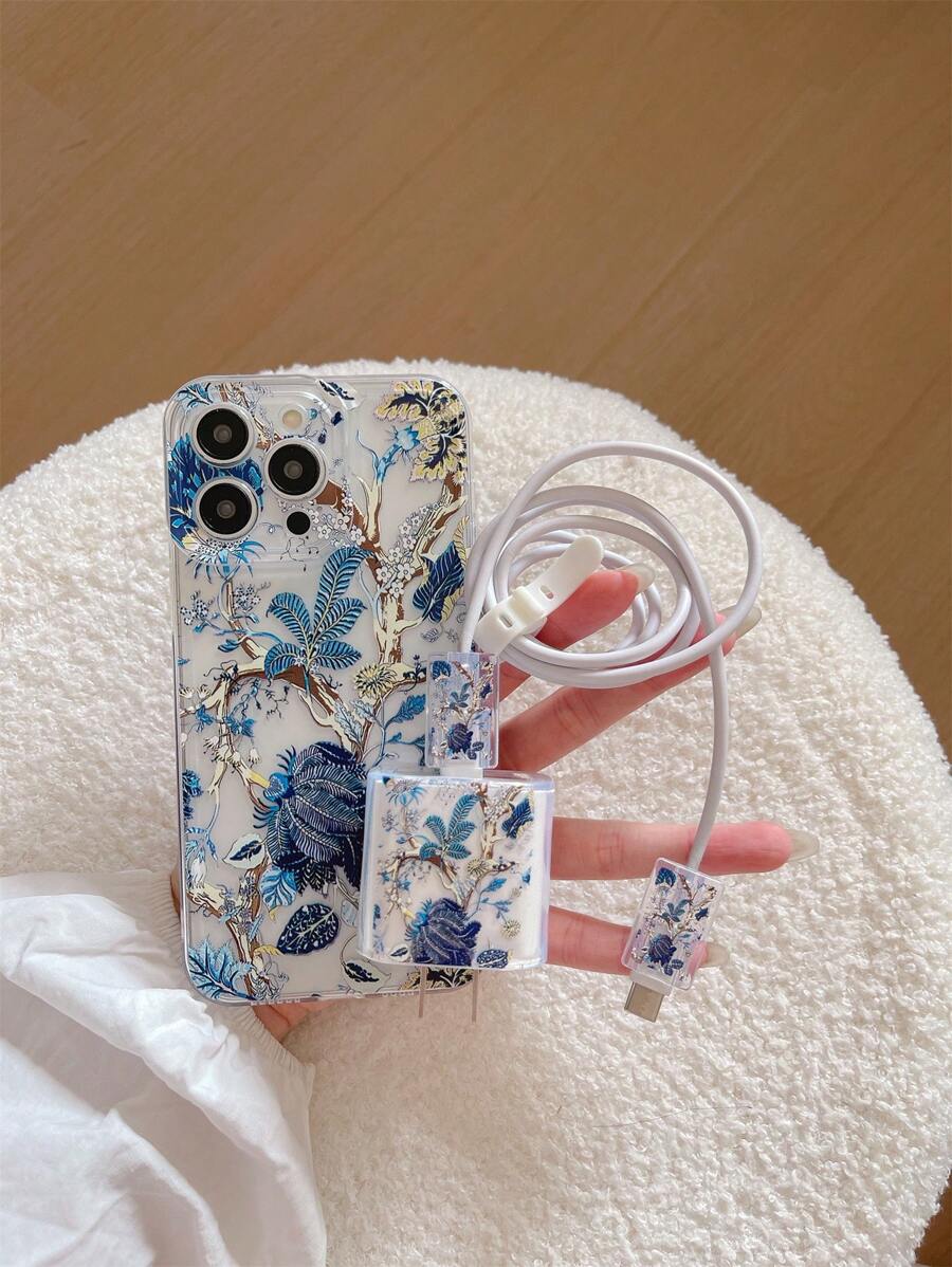 Set de 5 piezas Funda de teléfono + Funda protectora de cable de datos, Patrón floral grande, Funda protectora de carga rápida compatible con iPhone 7/8/7p/8p/X/XS/XR/XSMax/11/11Pro/11ProMax/12/12Pro/12ProMax/12Mini/13/13Pro/13ProMax/13Mini/14/14Pro/14Plus/14ProMax/15/15Pro/15Plus/15ProMax/16/16Pro/16Plus/16ProMax/17/17Pro/17ProMax/17Air - Multicolor - Ver 1