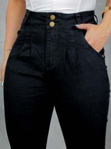 Women's Skinny Jeans With Pleats, High Waist With Lycra - 黑色 - 查看 1