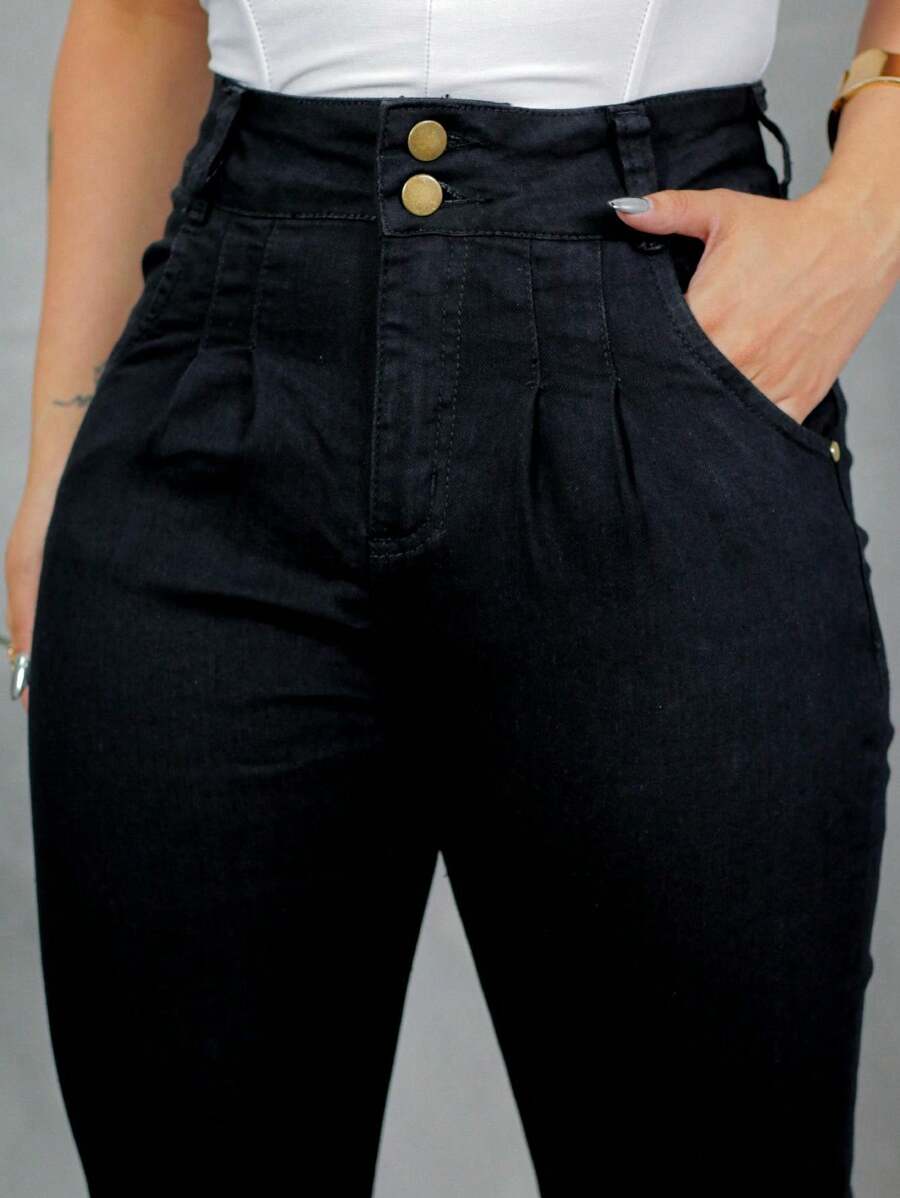 Women's Skinny Jeans With Pleats, High Waist With Lycra - 黑色 - 查看 1