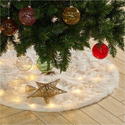 LIVINGANDHOME Living And Home  White Plush Christmas Tree Skirt For Holiday Decoration