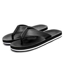 高端商务休闲时尚男士真皮人字拖，百搭，大码 EVA 拖鞋/沙滩/凉鞋/英伦风/厚底鞋 - 黑與白 - 查看 5