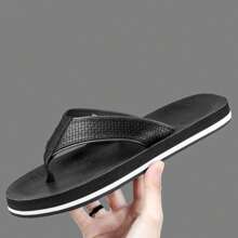 高端商务休闲时尚男士真皮人字拖，百搭，大码 EVA 拖鞋/沙滩/凉鞋/英伦风/厚底鞋 - 黑與白 - 查看 1