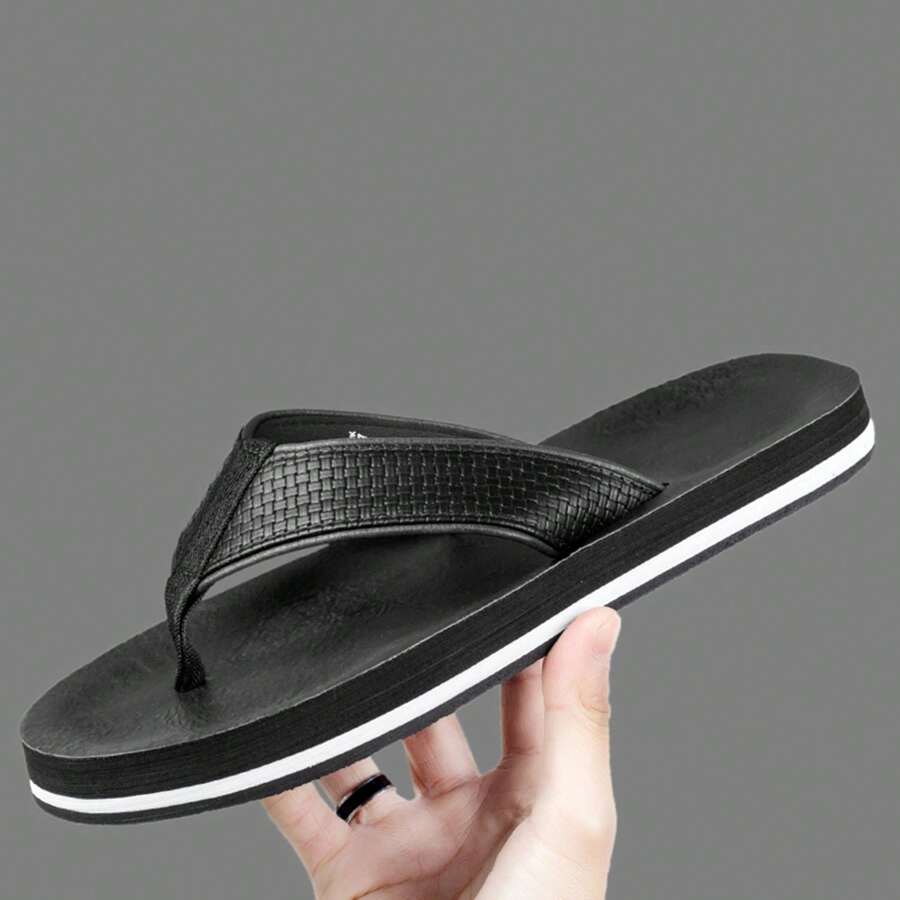 高端商务休闲时尚男士真皮人字拖，百搭，大码 EVA 拖鞋/沙滩/凉鞋/英伦风/厚底鞋 - 黑與白 - 查看 1