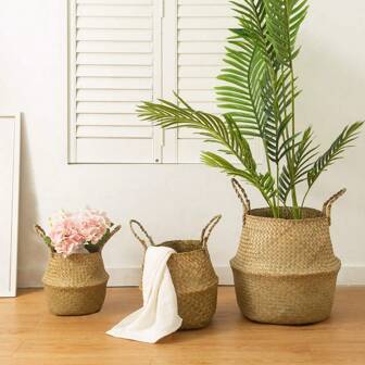 Seagrass Belly Basket, Woven Plant Pot Holder Handmade Home Decor For Storage Plants Picnic Grocery Medium