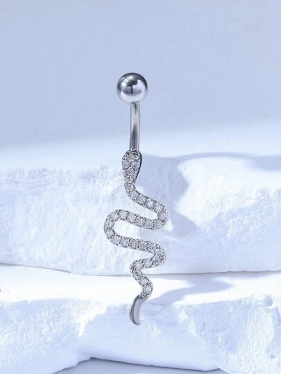 1pc Silver-Plated Luxury Copper Belly Button Ring With Rhinestones, Suitable For Women On Valentine's Day, Christmas, Halloween, Easter, Bar, Party, Beach, Birthday Gift, Daily Wear