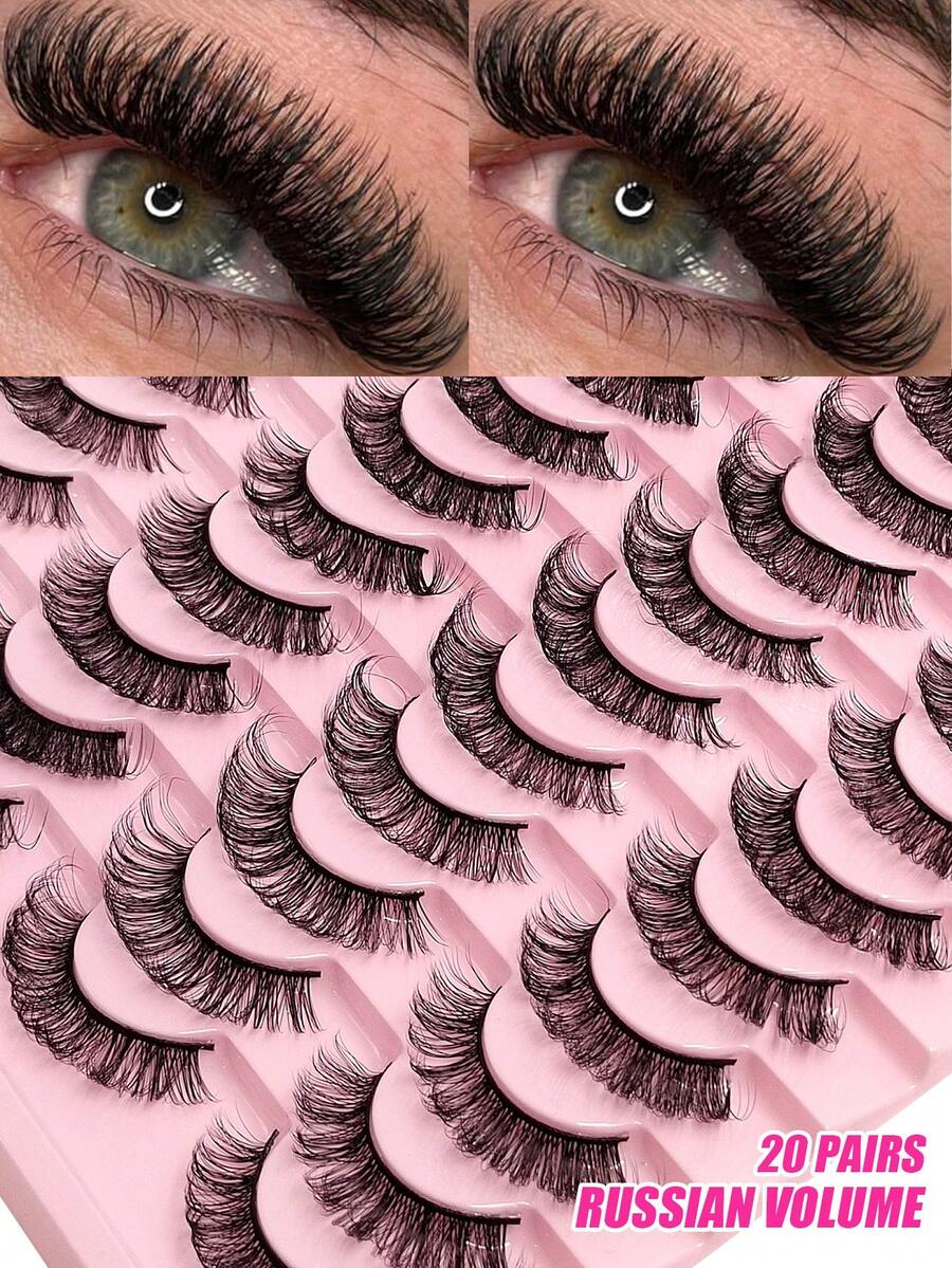20 Pairs D Curl Full Strip Lashes Fluffy Faux Mink Lashes Dramatic Volume Curling Eyelashes Reusable - Black - View 1