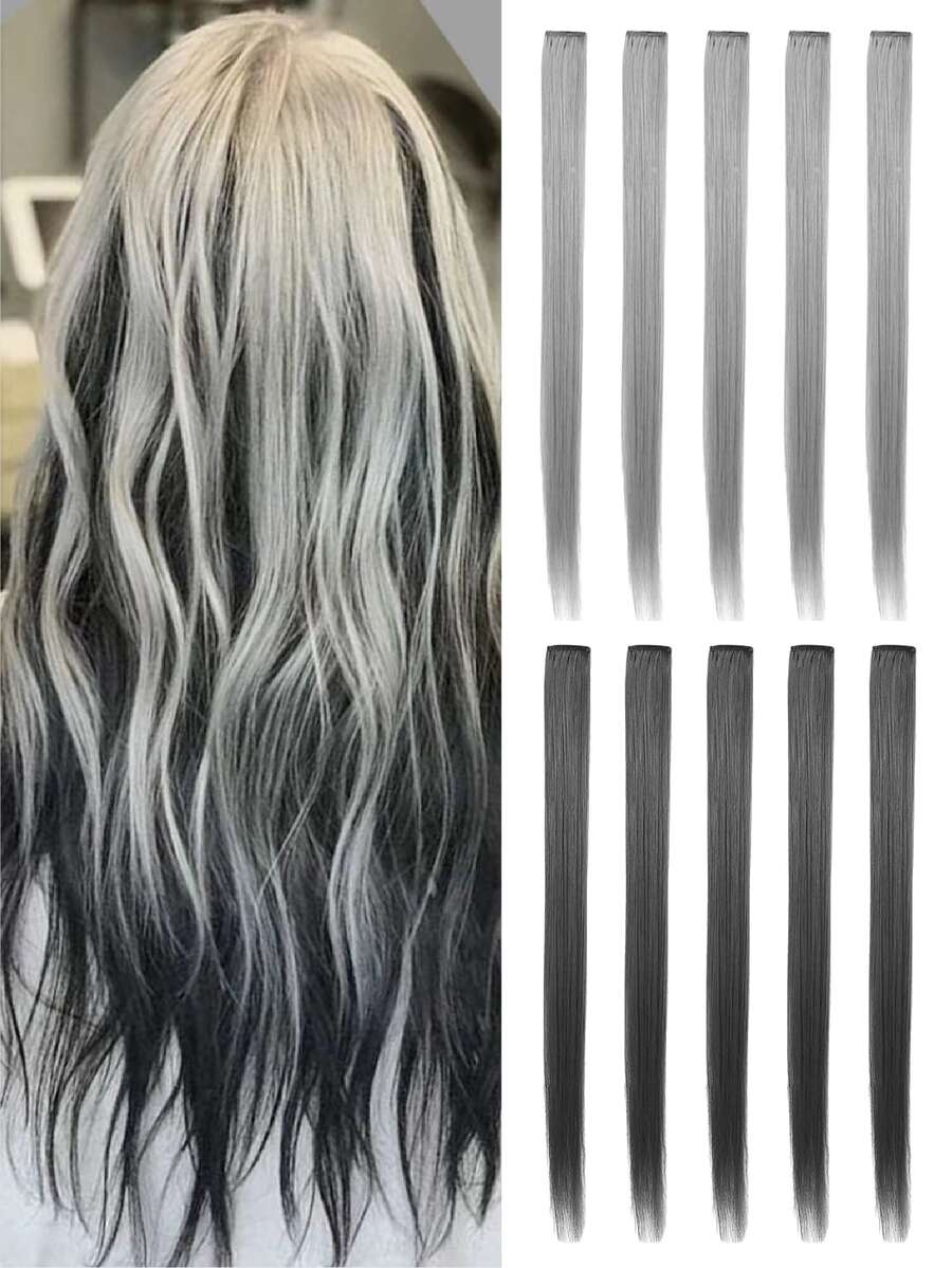 10pcs Colored Clip-In Hair Extensions For Women's Straight Hair, Black+Ash Brown, 22 Inches, Highlights Effect, Perfect For Daily Wear, Parties, Costumes & Cosplays