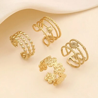 4件套不锈钢金色星月关节戒指，适合日常佩戴或作为礼物送给朋友