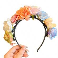 1入織布玫瑰花頭帶，女人/女孩春夏假期髮飾，甜美可愛的花卉髮箍 - 彩色 - 查看 2