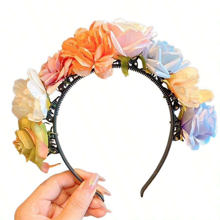 1入織布玫瑰花頭帶，女人/女孩春夏假期髮飾，甜美可愛的花卉髮箍