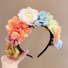 1入織布玫瑰花頭帶，女人/女孩春夏假期髮飾，甜美可愛的花卉髮箍 - 彩色 - 查看 3