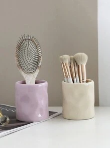 Cabin Kangaroo 1 件/2 件纹理陶瓷化妆刷架，不对称浮雕设计高端办公桌收纳笔筒，迷你陶瓷花瓶装饰，适用于客厅、卧室、办公室、节日礼物、生日、假日海滩、浴室收藏、卧室收藏，大容量 - 彩色 - 查看 2