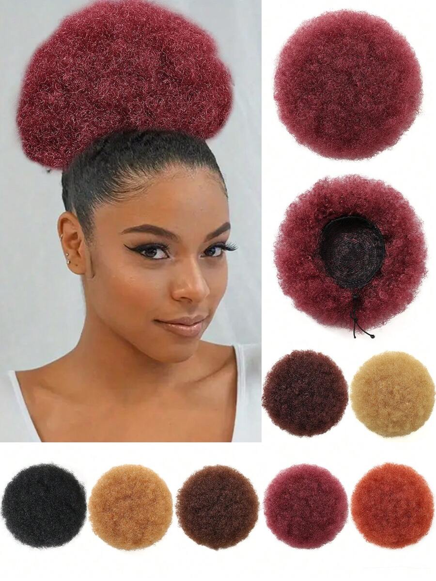 1 pieza de chongo afro rizado rojo vino con cordón para mujeres con cabello corto africano retorcido, extensiones de cabello sintético con apariencia natural para peinados elevados y cola de caballo para niñas - Burdeos - Ver 1