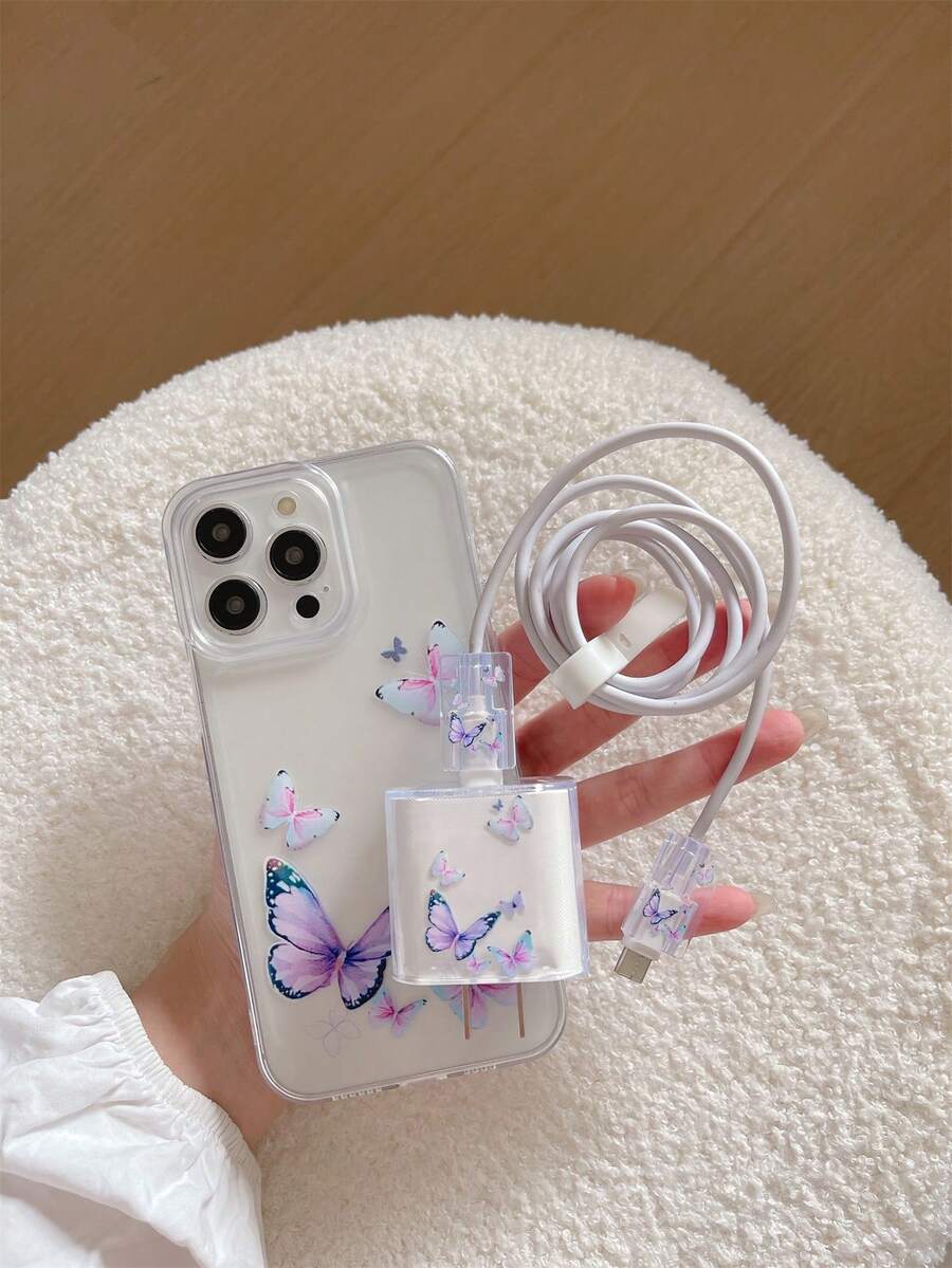 5pcs/Set Phone Case + Data Cable Protective Shell Set, Colorful Butterfly Pattern, Apple Fast Charger Protection Case, Compatible With IPhone 7/8/7p/8p/X/Xs/Xr/Xsmax/11/11pro/11promax/12/12pro/12promax/12MINI/13/13pro/13promax/13MINI/14/14pro/14plus/14promax/15/15pro/15plus/15promax Mobile Phone Protective Cover - Multicolor - View 1