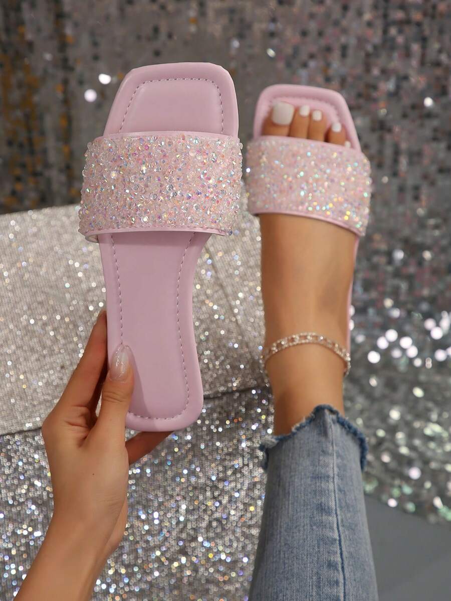 Women's Large Size Slipper, Fashionable Square Toe Flat Sandals For Summer Outdoors, Anti-Skid, Breathable, Odor-Resistant. Casual Slipper With Rhinestones Decoration Valentines