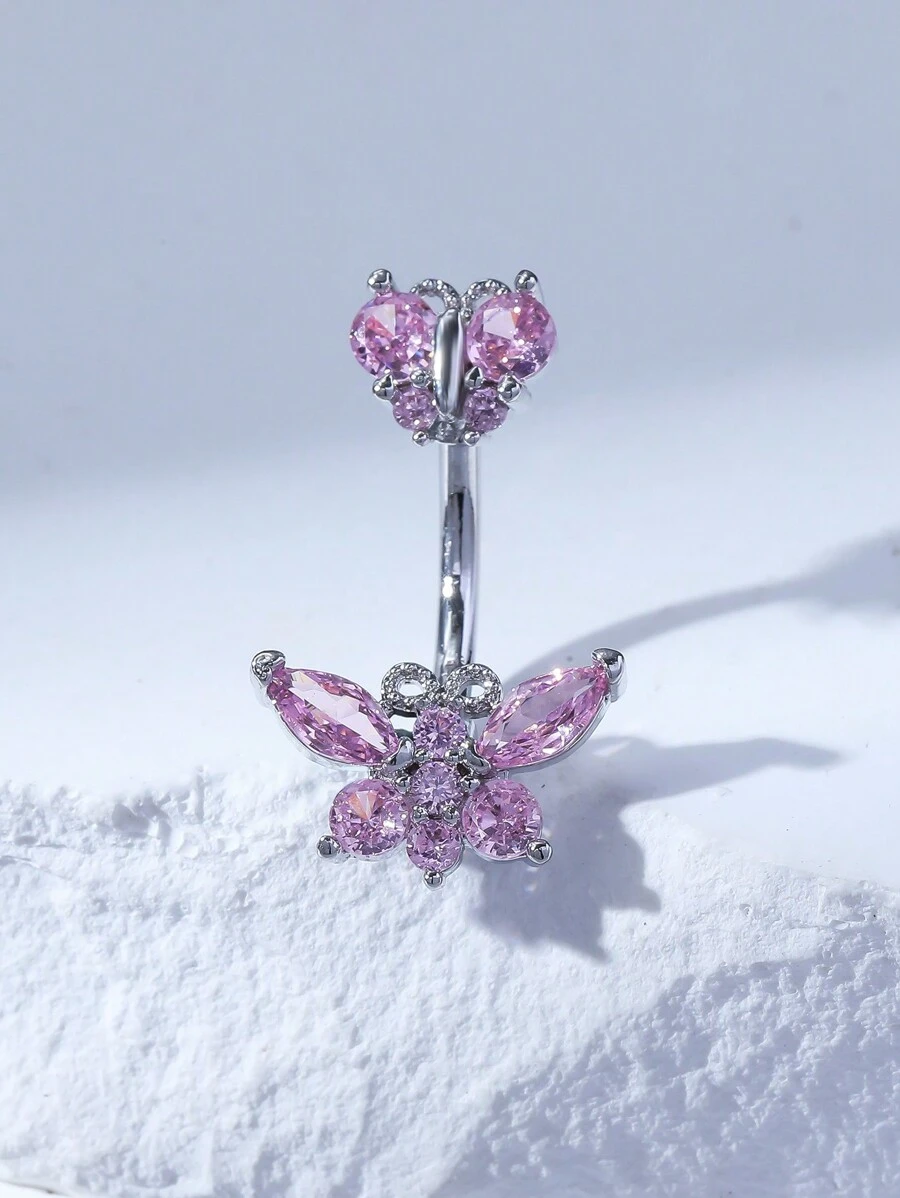 1 件镀银铜肚脐环，镶嵌方晶锆石蝴蝶设计，适合女性在情人节、圣诞节、复活节、酒吧、海滩派对或生日礼物和日常佩戴、妈妈、母亲、母亲节、礼物 - 粉色 - 查看 1