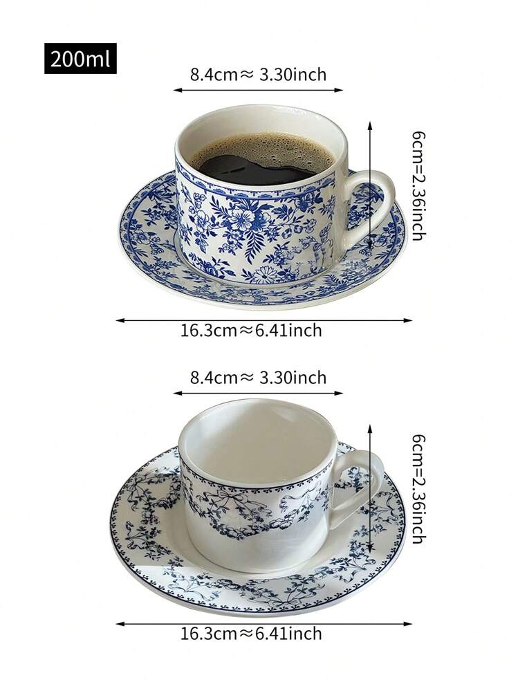 1 Set (Cup+Saucer) Of Chinese Vintage Style Blue Floral Porcelain Cup & Saucer, Elegant Coffee & Dessert Plate, Antiquity Tea Cup & Saucer For Afternoon Tea - Blue and White - View 4