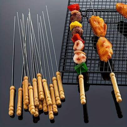 10pcs/20pcs Stainless Steel Barbecue Skewers, Multi-Purpose Metal Grill Kebab Skewers, Stainless Steel Barbecue Skewers With Wooden Handles, Barbecue Needle Rods, Outdoor Cooking, Barbecue Supplies