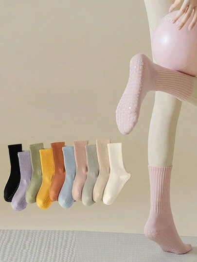 1/10 双女士瑜伽袜，纯色无缝袜子，适合室内健身普拉提
