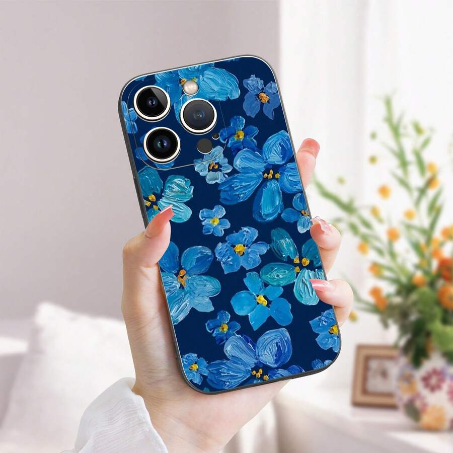 1入組花卉創意油畫藍色花紋電話殼：柔軟TPU材質，具有防震和防摔功能；可與蘋果iPhone / 三星 / 紅米Note / VIVO / OPPO兼容 - 彩色 - 查看 1
