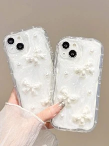 1 pièce/set étui de téléphone à cadre ondulé avec nœud papillon en faux perle blanc laiteux et anti-chute, compatible avec iPhone 16/16Pro/16Pro/16ProMax/15/14/13/12/11/X/XS/XR/Mini/Pro Max/Pro/Plus, coque souple en époxy - Blanc - Voir 3
