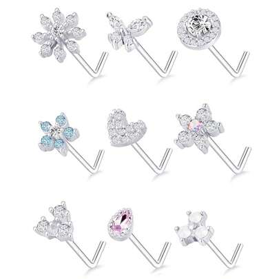 لقياس الأنف من القرطاسيات والمسامير، حلقة الأنف بشكل العظمة والمسمار، قرط الأنف بشكل زهرة ذات الخيزران الثلجي المتلألئ والفراشة، مجوهرات ثقب الجسم للنساء والرجال ذهبي فضي ووردي عيار 20 جرام