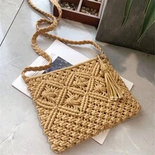 2024年流行的編織空心肩包草編夏季單肩斜跨海灘旅行手提袋女士袋子女式信使包 - 卡其色 - 查看 3