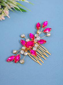 1件手工水晶编织发梳，女士优雅发饰，日常佩戴，新娘婚礼头饰，节日派对闪亮配饰，情人节配饰 - 玫紅色 - 查看 3