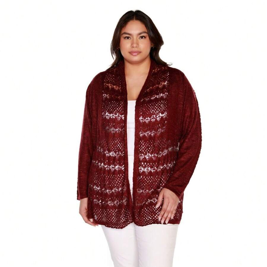 Plus Size Women's Long Sleeve Crochet Swing Cardigan With Shawl Collar In A Soft Knit