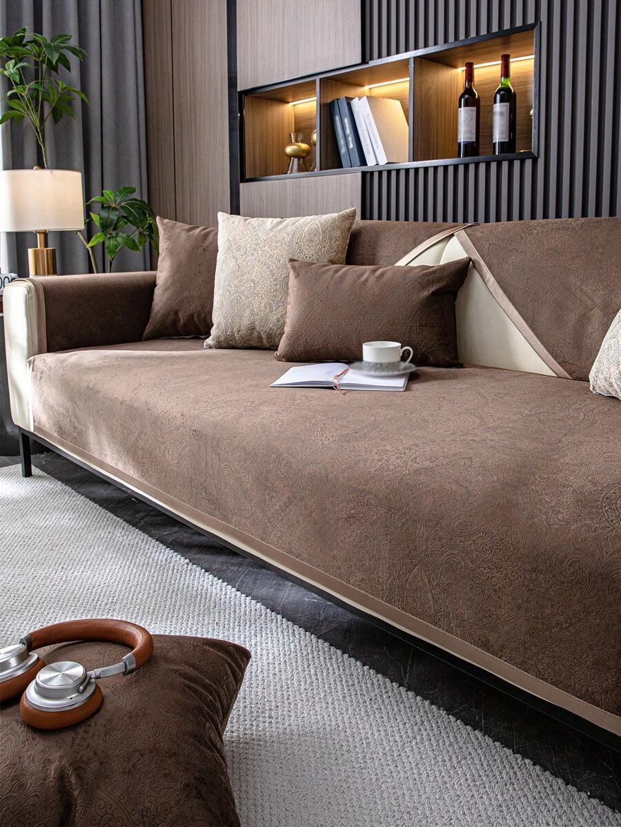 1 pieza Funda de sofá Jaquard de chenilla de color café para sofás de 1/2/3/4 plazas, cubierta de respaldo, cubierta de cojín del asiento, cubierta de descansabrazos, universal para todas las temporadas