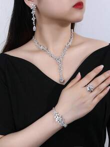 4pcs Silver Cubic Zirconia Minimalist Floral Pendant Necklace Set, Necklace, Earrings, Bracelet, Open Ring, Suitable For Women's Party And Daily Wear - Silver - View 4