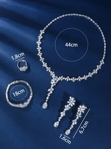 4pcs Silver Cubic Zirconia Minimalist Floral Pendant Necklace Set, Necklace, Earrings, Bracelet, Open Ring, Suitable For Women's Party And Daily Wear - Silver - View 2