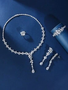 4pcs Silver Cubic Zirconia Minimalist Floral Pendant Necklace Set, Necklace, Earrings, Bracelet, Open Ring, Suitable For Women's Party And Daily Wear - Silver - View 3