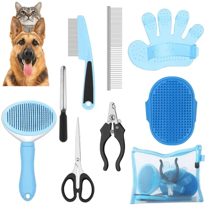 9pcs Dog Grooming Brush Deshedding Kit - Self-Cleaning Slicker Brush, Dematting Rake, Flea Comb, Nail Clippers & File, Pet Grooming Tools With Adjustable Strap And Scissors, For Dogs