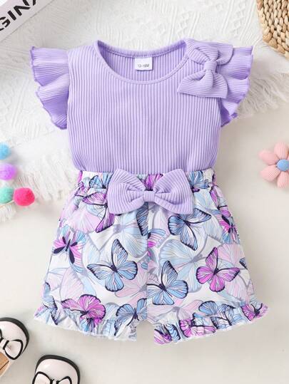 Young Girl 2pcs Elegant, Sweet And Cute Top With Bowknot Detail And Ruffle Trim And Bow Detail Printed Shorts Suitable For Summer Casual, Vacation, And Party