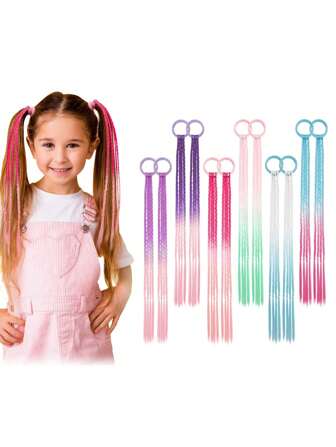 2入組兒童繽紛色彩髮廊，編織馬尾辮髮片，女孩髮飾，瘋狂髮型日服裝配件