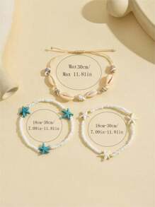 3pcs/Set Fashionable Handmade White Beaded Bracelet With Natural Shell And Starfish Detail For Women, Suitable For Daily And Beach Holiday Wear, Ideal Gift For Friends And Family Birthday