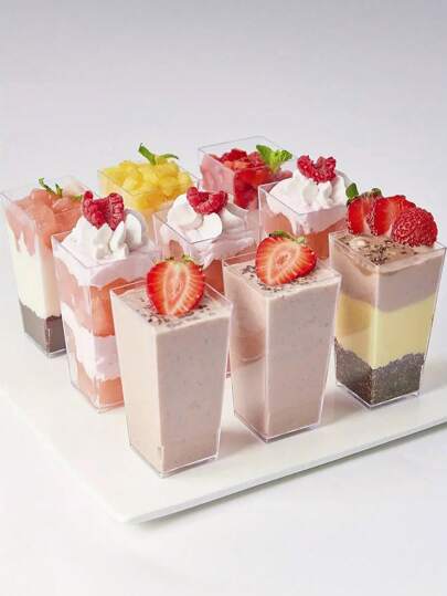 10pcs Transparent Square Ice Cream Cups, Ideal For Ice Cream Parlors, Parties, Kitchen, Outdoors, Spoon Not Included, Reusable