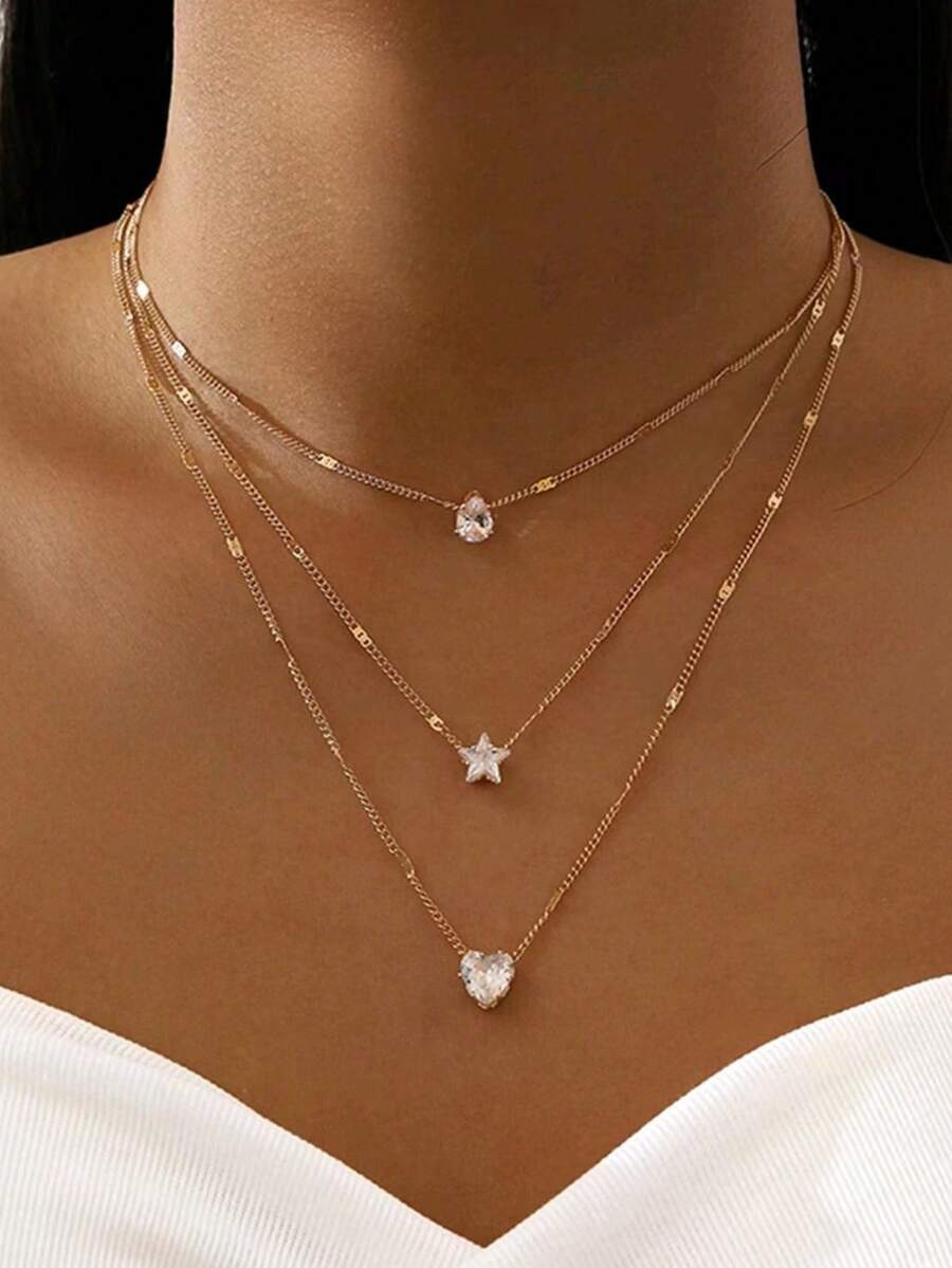 1pc Fashionable Heart, Waterdrop &Star Rhinestone Decor Necklace For Women, Suitable For Vacation, Party, Dating, And Daily Outfit, Also AGreat Gift Choice - Gold - View 1