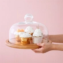 Luxury Grooved Wooden Raised Lid Tray With Cake Plate, Pastry Display Tray 1pc - Apricot - View 6