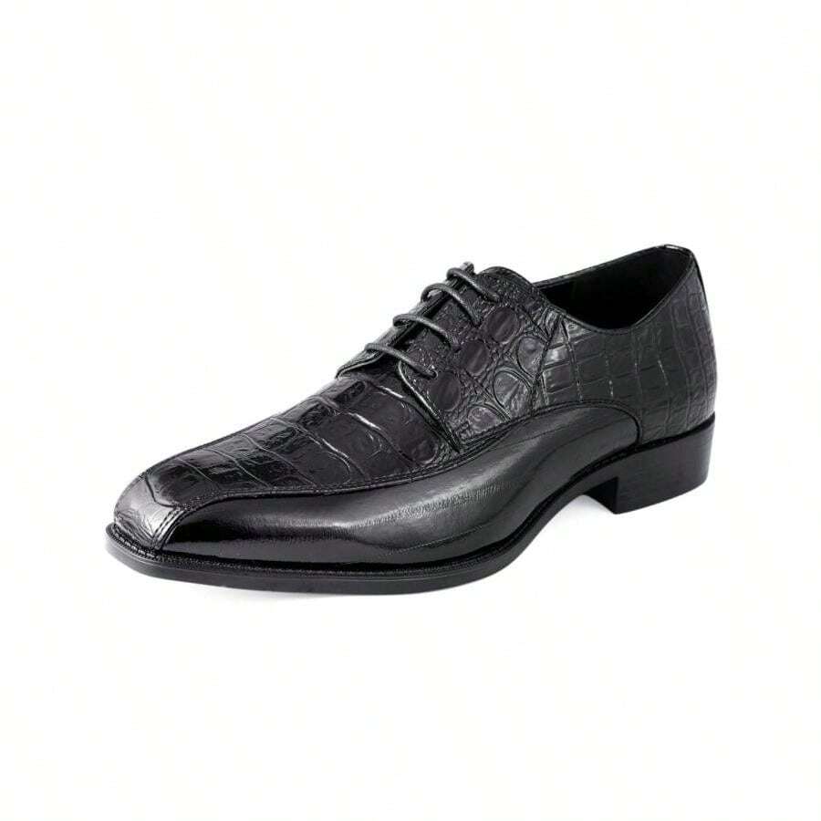 Black Mens Croco Print Dress Shoes Lace Up Exotic Derby Shoes Formal - Black - View 1