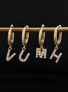 1對歐美風格銅材料的圈形耳環,附有cz寶石字母吊墜,適合女士用作節日禮物 - 金黃色 - 查看 9