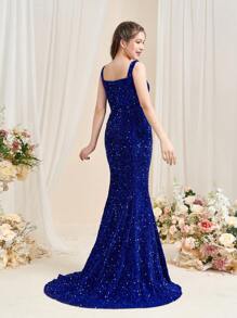 Teen Girls' Sparkling Sequin-Embellished Formal Dress - Square Neckline, Flattering Mermaid-Tailored Skirt - Sophisticated Evening Attire For Graduation Ceremonies, Wedding Guest Dresses, Pageant Competition Outfits, Red Carpet Galas, And Black-Tie Charity Events - Royal Blue - View 3