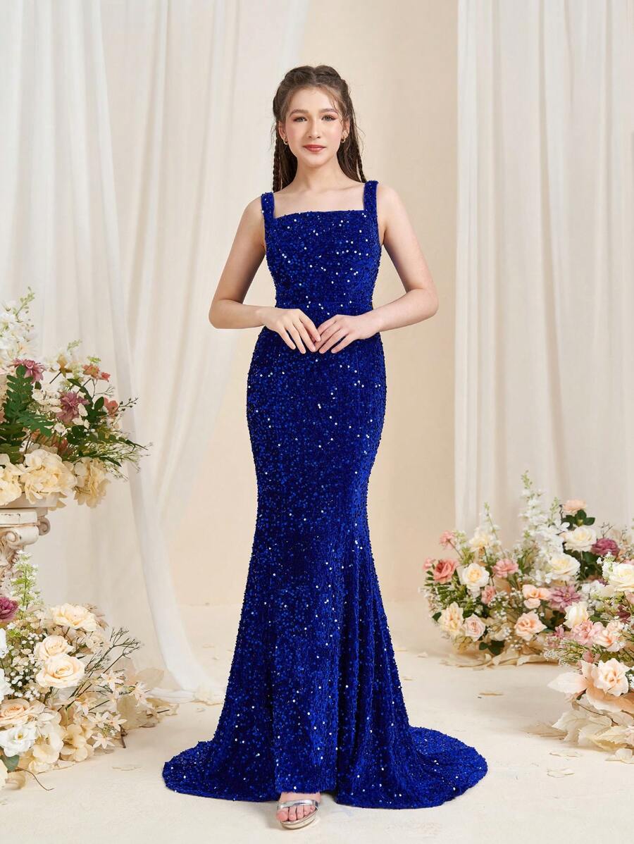 Teen Girls' Sparkling Sequin-Embellished Formal Dress - Square Neckline, Flattering Mermaid-Tailored Skirt - Sophisticated Evening Attire For Graduation Ceremonies, Wedding Guest Dresses, Pageant Competition Outfits, Red Carpet Galas, And Black-Tie Charity Events