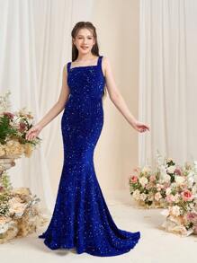 Teen Girls' Sparkling Sequin-Embellished Formal Dress - Square Neckline, Flattering Mermaid-Tailored Skirt - Sophisticated Evening Attire For Graduation Ceremonies, Wedding Guest Dresses, Pageant Competition Outfits, Red Carpet Galas, And Black-Tie Charity Events - Royal Blue - View 5