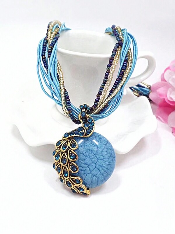 1 pièce Collier à pendentif de paon bohème à la mode multicouche avec perles pour femmes