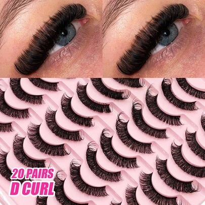 20对D型卷翘蓬松浓密可重复使用仿貂毛假睫毛，条状假睫毛