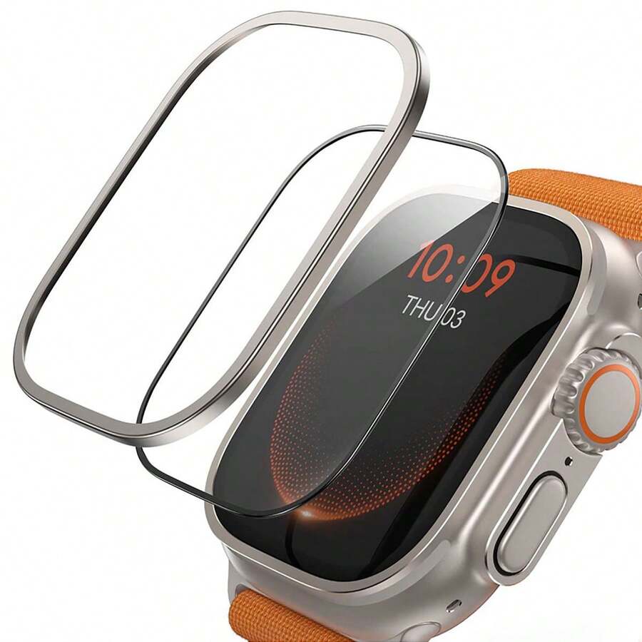 1入組適用於Apple Watch Series的鋼化玻璃屏幕保護殼，49mm Apple Watch Ultra超薄鋼化玻璃屏幕保護器，9H耐磨鋼化玻璃＋鈦合金框架，[保持原樣][觸感靈敏]輕盈防護玻璃貼膜，兼容Apple Watch Ultra，原色/黑色