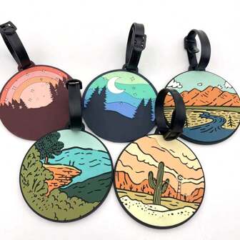 1pc/6pcs Creative Mountain & River Pattern Silicone Luggage Tag, Fashionable Portable Travel Accessory With ID Anti-Lost Card For Suitcase Travel Essentials For Travel Backpack Travel Bag Luggage Suitcase Travel Gear Back To School Bag For School School Accessories School Stuff