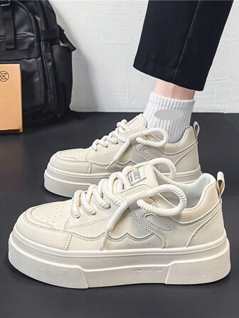 Men's Thick-Soled Casual White Shoes, Leather Upper Lace-Up Skateboarding Shoes, Suitable For Outdoor Activities